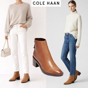 Cole Haan Winnie Grand Waterproof Leather Booties Block Heel Boots Camel Tan 7